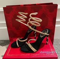2023 Heels Sandals Rene Caovilla Cleo 95mm Tasarımcılar Ayak bileği Saraylı Kadın Yüksek Topuklu Sandal Çiçek Rhinestone Akşam Ayakkabıları