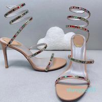 2023 Womens Shoe Rene Caovilla Cleo Crystal Snake Snake Strass Shoes مصممون فاخرون في الكاحل Wraparound 9.5 سم في الصلoud 35-43 مع BO