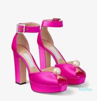 Summer Sandals Shoes для женщин, заглешенные кожаные насосы с жемчужиной детализацией Peep Toe High Heels Lady Dress Wedding Eu35-42