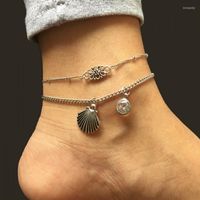 Bracelets de cheville rétro coquille fleur bracelet de cheville ensemble bohême plage pour femmes été pieds nus sandales bijoux sur pied jambe chaîne 2 pièces