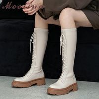 Boots Meotina Женщины колена высокая подлинная кожа с толстой средней каблукой платформы на молнии кружев