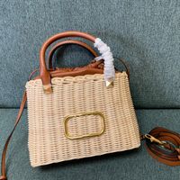 7a yaz bambu sepet plaj çantaları kadın perçin çanta çanta moda altın donanım mektubu üst deri kolu içi boş poşet çekme kapalı sepet çantası