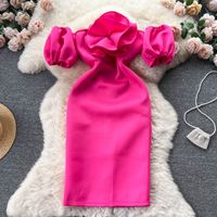 Slash Neck Casual Kleider trägerloser Off-Shoulder Robe Femme Stereo Blume Schlanke Hüfte Paket Partykleider Vestidos de Mujer Elegant 2023