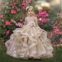 소녀 드레스 화려한 샴페인 꽃 아플리케 계층화 된 보호 소매 볼 볼 가운 생일 드레스