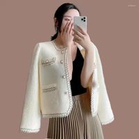 Vestes pour femmes automne tweed laine de laine femme coréenne élégante tempérament rond coule de bord de couture de lampe tissée lâche chic