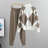 Женские штаны с двумя частями геоматрические женские свитер костюмы наборы осень зимней толстые мягкие вязаные наборы пуловки длинные брюки.