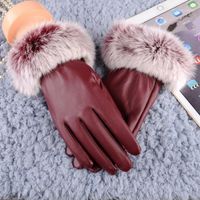 Cinq doigts gants gants pour femmes en cuir PU tactile en cuir chaud mitaines femelles fausse fourrure