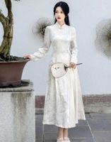 Vêtements ethniques Jacquard Femmes Ao Dai Améliorer Vietnam Robe Traditionnelle Chinoise Soirée Cheongsam Blanc À Manches Longues Dames Élégant Qipao