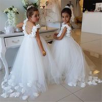Dziewczyna sukienki biały kwiat z kości słoniowej na wesele duże aplikacje łuku długie małe suknie konkursowe Dziewczyny Pierwsze wesela komunia