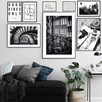 Pegatinas de pared pografía autoadhesiva póster arte blanco y negro Europa Vintage Landscape Figura Estampado Decoración del hogar