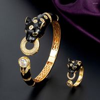 Pendientes de collar Set zlxgirl jet leopardo brazalete animal con joyería de anillo de mujeres punk anel llena alrededor de cz circón dubai oro africano