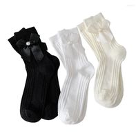 Mulheres meias pérolas casuais loiata primavera outono inverno kawaii meias de arco preto e branco para engraçadas