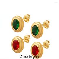 Kolczyki stadnonskie Elegancki czerwony zielony kryształ dla kobiet błyszczący cyrkon Kamienne urok 18k złota stalowa biżuteria ślubna