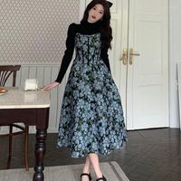 Vestidos casuales 2023 tirantes de otoño e invierno piezas florales estilo vintage cintura delgada grande vestido bordado