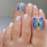 Falsas uñas 24 piezas de diseño azul mariposa de mariposa con los pies cuadrados verano portátil portátiles francés falso manicure manicure press en uñas del dedo del pie
