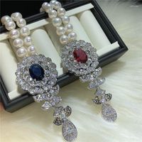 Chaînes à la mode naturelle naturale perle natural 9-10 mm Bleu rouge zircon micro accessoires pendentif collier long 45 cm