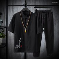 Camicie da uomo (pantaloni per magliette) 2023 ricami estivi uomini t-shirt cotone e lino di lino di alta qualità casual a due pezzi m-5xl