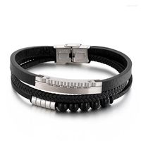 Braceletas Charmets de cuero múltiple brazalete trenzado para hombres cuentas negras de acero inoxidable joyería personalizada de 215 mm