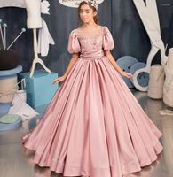 Robes de fille fleur en satin rose pour mariage arc arrière pour enfants fêtard filles concours bébé anniversaire robes de bal