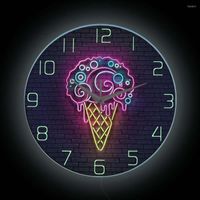 Relojes de pared helado reloj de impresión de neón brillante para decoración de tiendas postre de cono de helado cono led