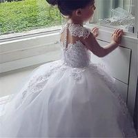 Dziewczyna sukienki biały kwiat na wesela Tiulowy księżniczka koronkowa bez rękawów Święta Pierwsza Komunialna suknie
