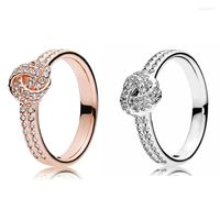 Anillos de clúster Momentos originales Función de nudo de amor con anillo de cristal para mujeres 925 Joya de moda de boda de plata esterlina