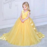 Tulle Yellow Yellow Puffy Flower Vestido Vestido de cumpleaños lindo Vestido de chicas de fiesta de bodas brillantes Primera comunión