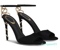2023 Sandals Shoes Gold Crystal Snake ملفوفة أسود عالي الكعب من جلد الغزال الجلود سيدة المصارع الصندل فستان الزفاف الزفاف 35-42