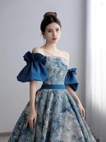Ethnische Kleidung 2023 Fairy Blue Oil Painting Blumendruckrohr Top Abendkleider Frau A-Line Tailing formelles Partykleid