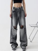 Jeans pour femmes Vintage lâche droite femme décontracté mode trou Denim pantalon gland automne conception large jambe Cargo pantalon femme Chic 230308