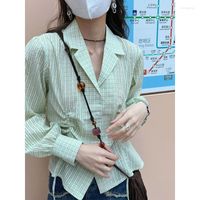 Kadınlar bluzları houzhou harajuku yeşil ekose gömlekler uzun kollu güzel kadın bluz estetik y2k Kore moda vintage gömlek
