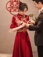 Aplicación de ropa étnica Borgoña Estilo oriental Vestidos de banquetes Chino Vintage Cheongsam Elegante Tassel Fiesta de la noche