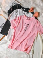 Damen-T-Shirts Designer-Kaninchen-Stickerei, kurzärmliges, schmal geschnittenes, altersreduzierendes Top