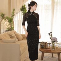 Etnik Giyim Retro İnci Stand Yakası Cheongsam Düz Elbise Sonbahar Uzun Dantel qipao Elbise Yarım Kollu Yan Parti Çin Elbiseleri
