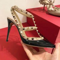Lyxkvinnor sandaler med nitar 6 cm 8 cm 10 cm kvinna skor äkta läder höga klackar sexiga bröllopskor tunna klackar tillbaka remsandaler 35-44