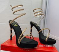 منصة الصنادل النسائية اللباس أحذية عالية الكعب الكاحل التفاف حذاء مزخرف الأفعى Strass Stiletto120mm مصنع المصنع أحذية المصنع