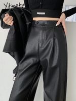 Mujeres S pantalones S Yitimoky de cuero causal de cintura alta para mujeres 2 botones PU PU Otoño Black Retras