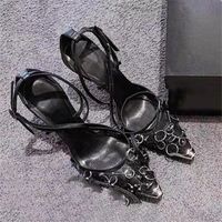 Sandales sexy maille noire femme métal orteil haut talons cercle décor de sandale d'été bretelles de cheville chaussures femme femme sandalias mujer 230313