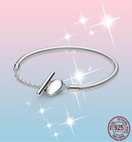 Pulsera femme 925 Momentos de plata esterlina Heart Tbar Snake Chain Bangle for Women Fine Jewelry Gift Pulseira con Box9783353 original