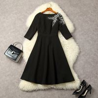 2023 Summer Black Solid Color Pärled Rhinestone Dress 1/2 Half Sleeve Round Neck Midi Casual Dresses L3M122277