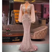 Sparkly Arabic Sexy Sequined Prom Dresses Beaded Crystal Lon...