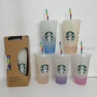 Ny Starbucks Transcolor Cup Rainbow Straw Companying Cup 24oz/710 ml stor kapacitet plastkopp återanvändbar