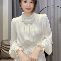 Kadın Bluz Standı Yaka 3d Gül Çiçeği Yamalı Fener Uzun Kollu saten gömlek Smlxlxxl3xl