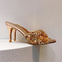 Glitter Mule Slaytlar Sandalet Topuklu Stiletto Terlik Açık Ayak Ayakkabıları Kadın Lüks Metal Tokası Dekorasyon Deri Dış Tablo Ayakkabı 7.5cm Fabrika Ayakkabı