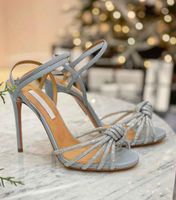 En iyi tasarımcı kadınlar celeste sandaletler ayakkabı aquazzuras kristal süslenmiş ayak kayışları düğümlü bayan yüksek topuklu parti gelinlik eu35-43 orijinal kutu