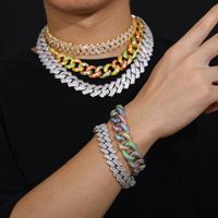 18 mm Hip Hop Cuba Chain Chain Colar Bracelet Jewelry Conjunto de joias coloridas 18k Real Gold Plated for Men Presente