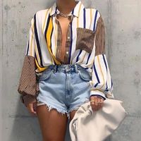 Kadın Tişörtleri Gevşek Şık Moda Uzun Kollu Düğme HARDIGAN Çizgili Patchwork Sıradan En İyi Sonbahar ve Yaz T-Shirt Estetik Giysileri