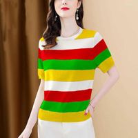 Women' s Blouses Fashion O- Neck Knitted Striped Color Bl...