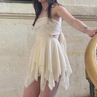 Sıradan Elbiseler Y2K Vintage Dantel Trim Straplez Mini Elbise Kawaii Kız Yaz Omz Kapalı Sırtsız Bandaj Pileli Kadınlar Seksi Parti