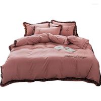 Set di biancheria da letto in stile principessa lavato in cotone letto a quattro pezzi Copertina trapunta in pizzo rosa a tre pezzi a tre pezzi